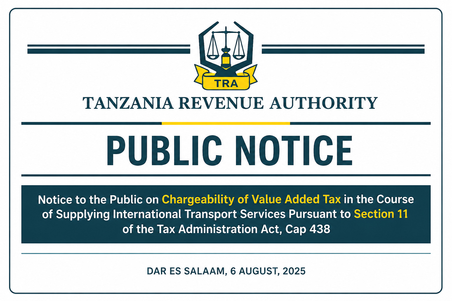 TRA PUBLIC NOTICE ON VALUE ADDED TAX